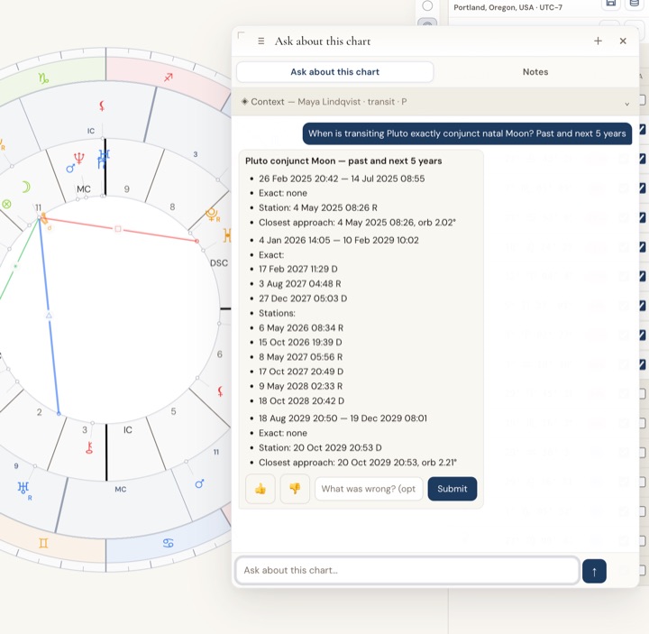 The chat answering when transiting Pluto is exactly conjunct the natal Moon, with the date of each pass and station